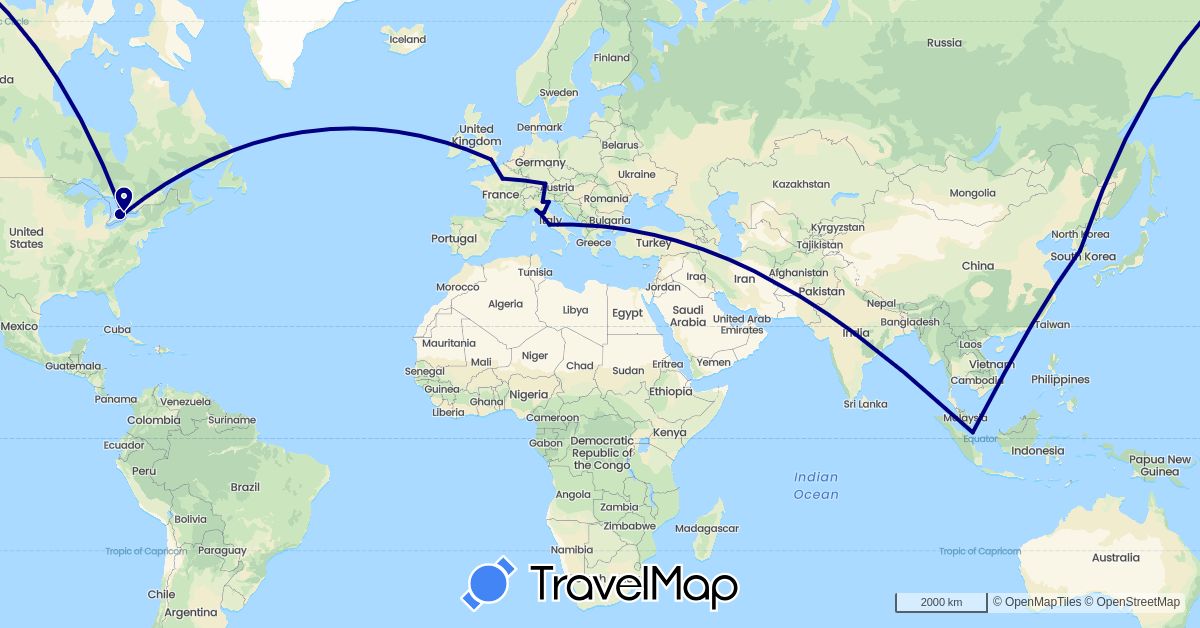 TravelMap itinerary: driving in Canada, Germany, France, United Kingdom, Italy, South Korea, Singapore (Asia, Europe, North America)